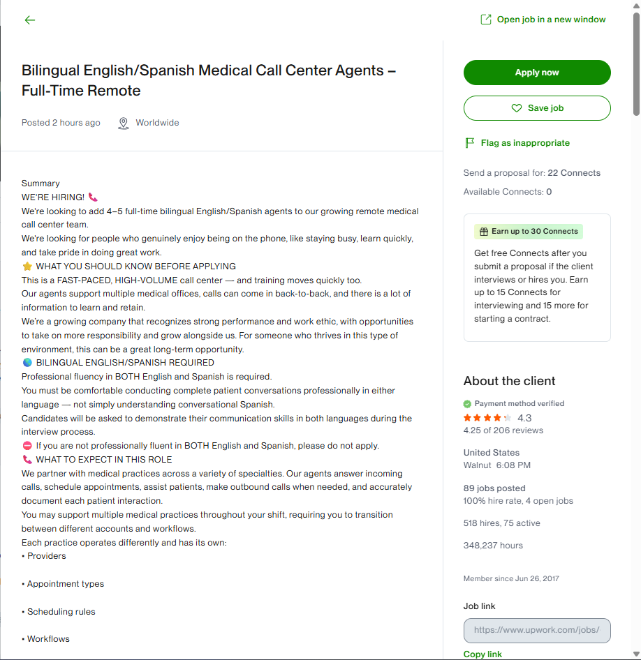 Ejemplo de Job en Upwork