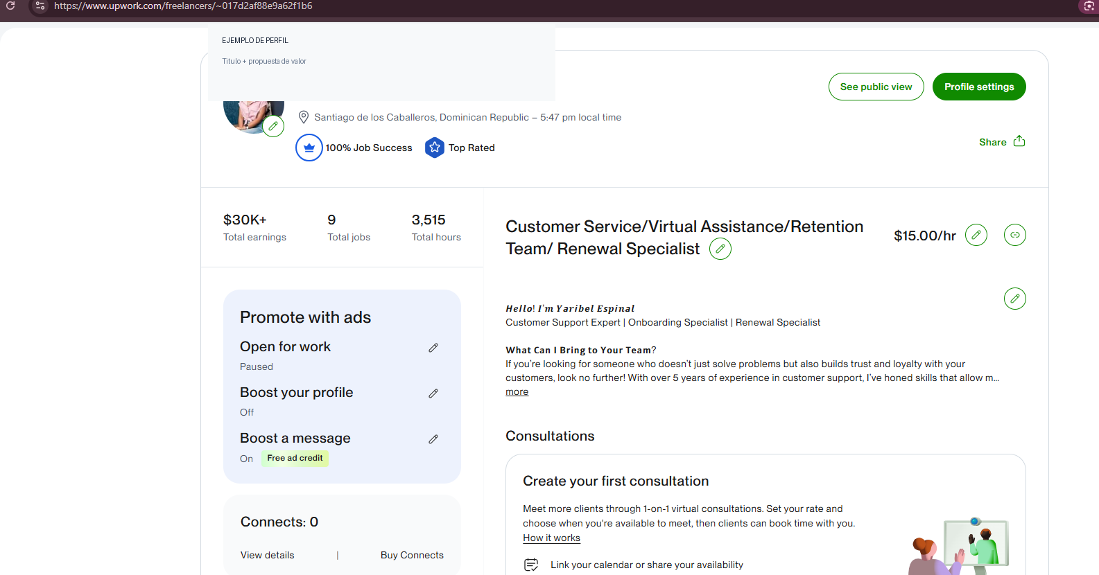 Caso de estudio del perfil de Yaribel en Upwork